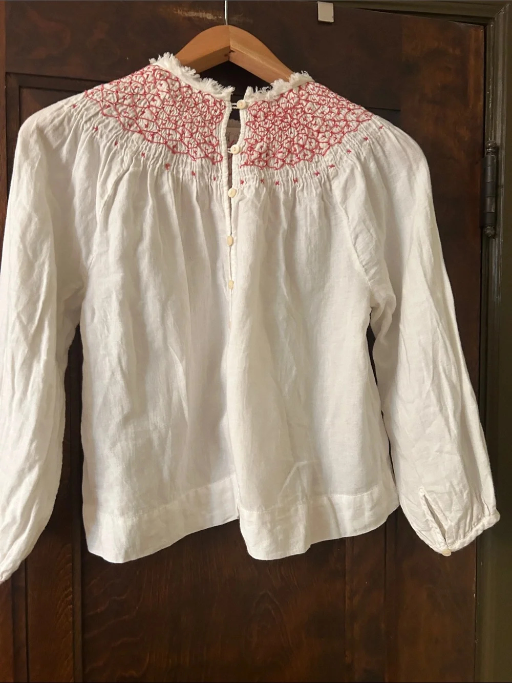 White Long-Sleeve Smocked Peasant Top with Pink Embroidery - Picture 5 of 10